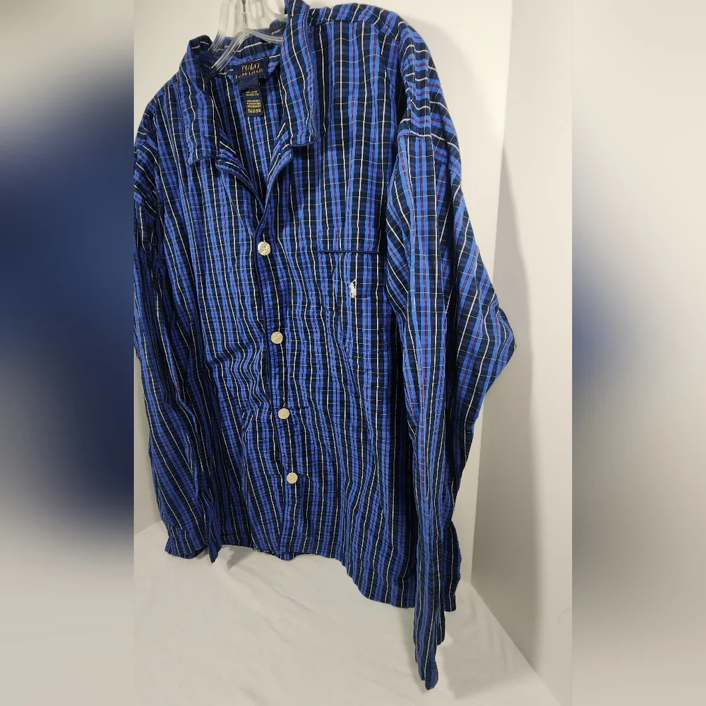 VINTAGE  Polo Ralph Lauren  Men's Pajama Top Plaid Size Extra Large Blue - Picture 2 of 10